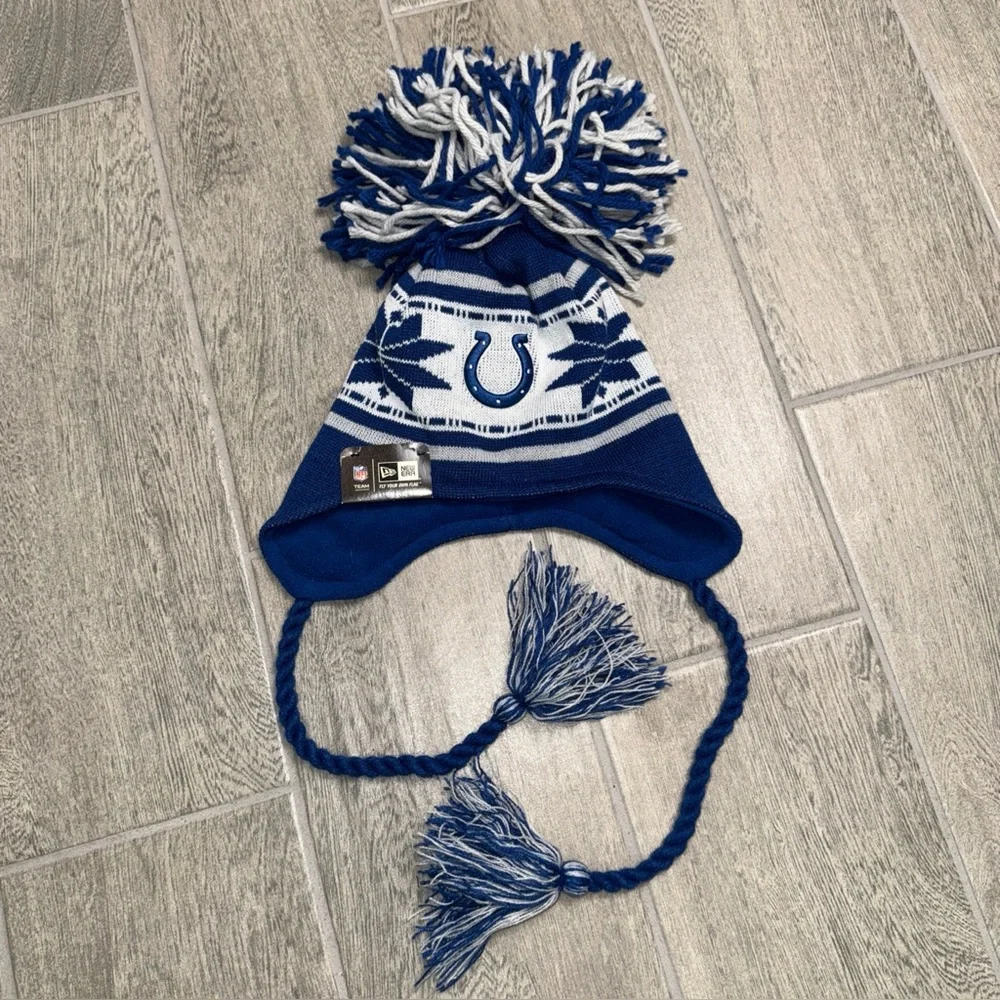 NFL New Era Indianapolis Colts Winter Trapper Pom‎ Beanie Hat Blue White